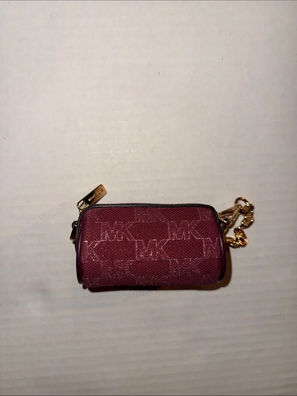 Michael Kors Burgundy MK Logo Mini Key Pouch with Gold Chain
